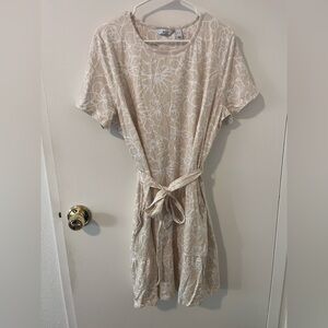Denim & Co. T-Shirt Dress Floral Pockets Cotton Rayon White Tie Waist Size XL